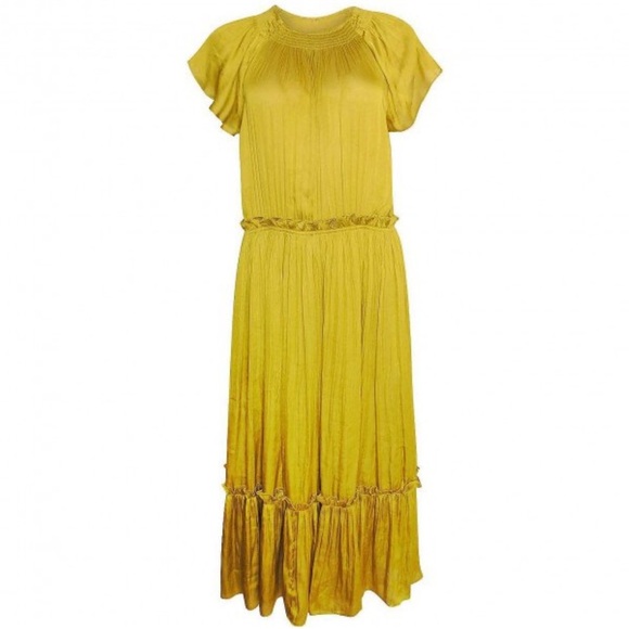 Current Air Anthropologie Gold Silky Smocked Cap Sleeve Midi Dress Size Small - Picture 2 of 8